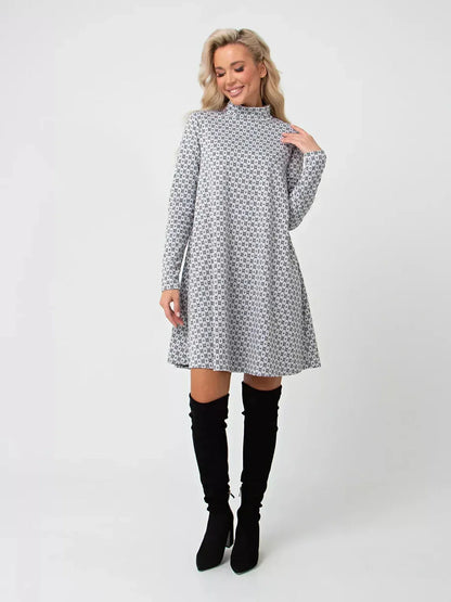 Maia Mini Dress by Lauven in graphite grey print, A-line shape with long sleeves and stand collar.