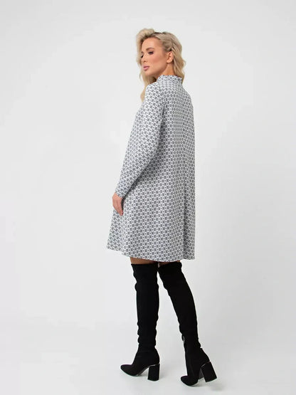 Maia Mini Dress by Lauven in graphite grey print, A-line with long sleeves and stand collar, showcasing a stylish back view.