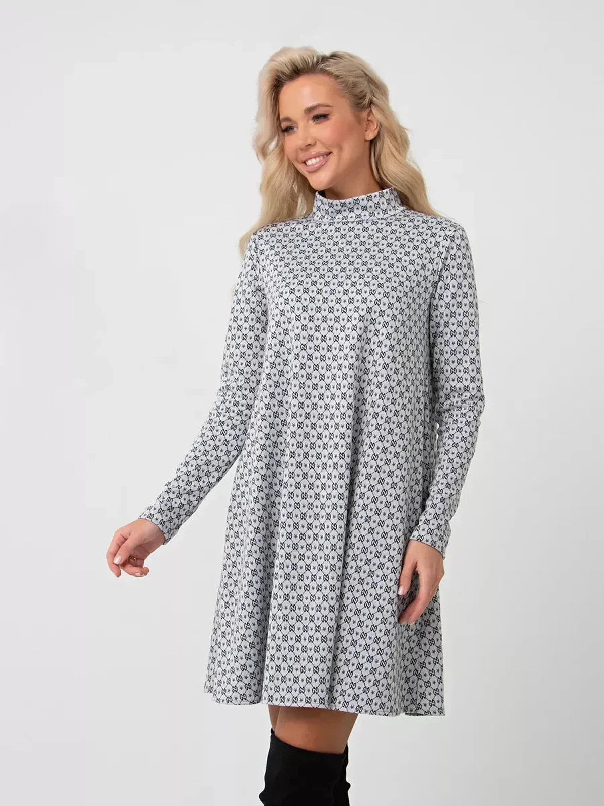 Maia Mini Dress by Lauven in graphite grey print, featuring long sleeves and a stand collar, offering a stylish A-line silhouette.