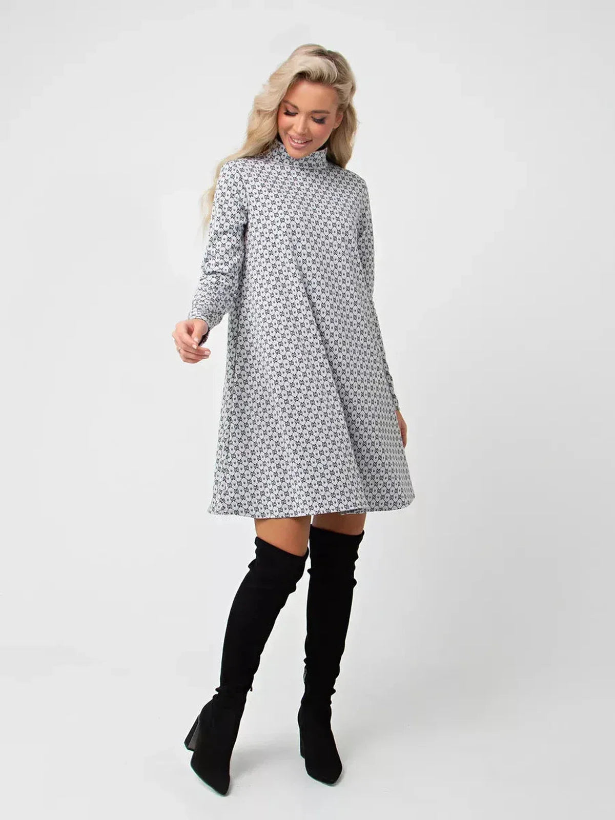 Maia Mini Dress by Lauven in graphite grey print, A-line with long sleeves and stand collar, showcased elegantly.