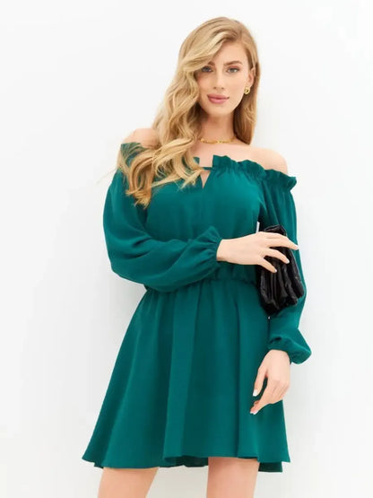 Malachite Mini Dress by Lauven, elegant off-shoulder dress with long sleeves in rich green.