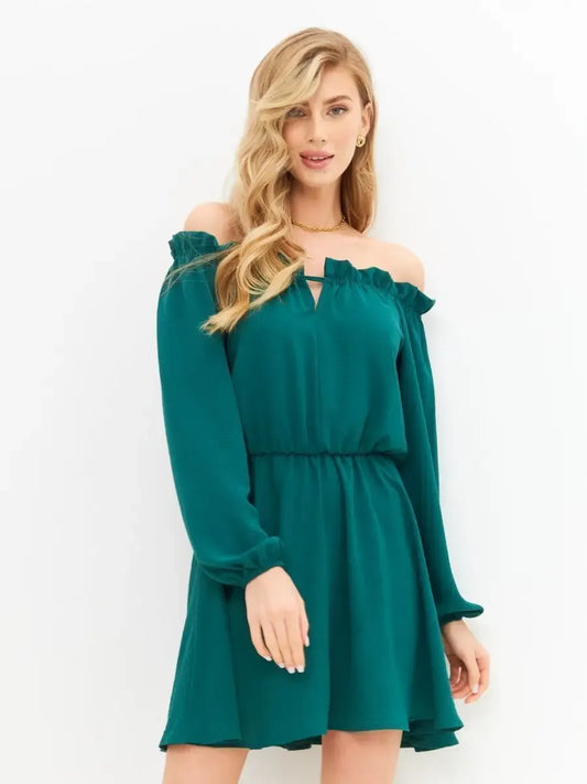 Malachite Mini Dress by Lauven - Elegant off-shoulder dress in rich green with long sleeves and adjustable neckline.
