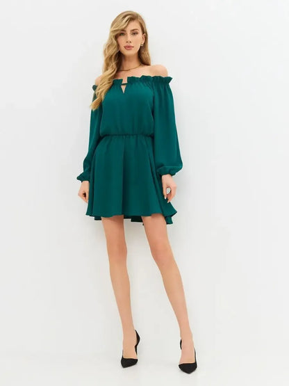 Lauven Malachite Mini Dress in elegant off-shoulder style with long sleeves, perfect for versatile styling options.