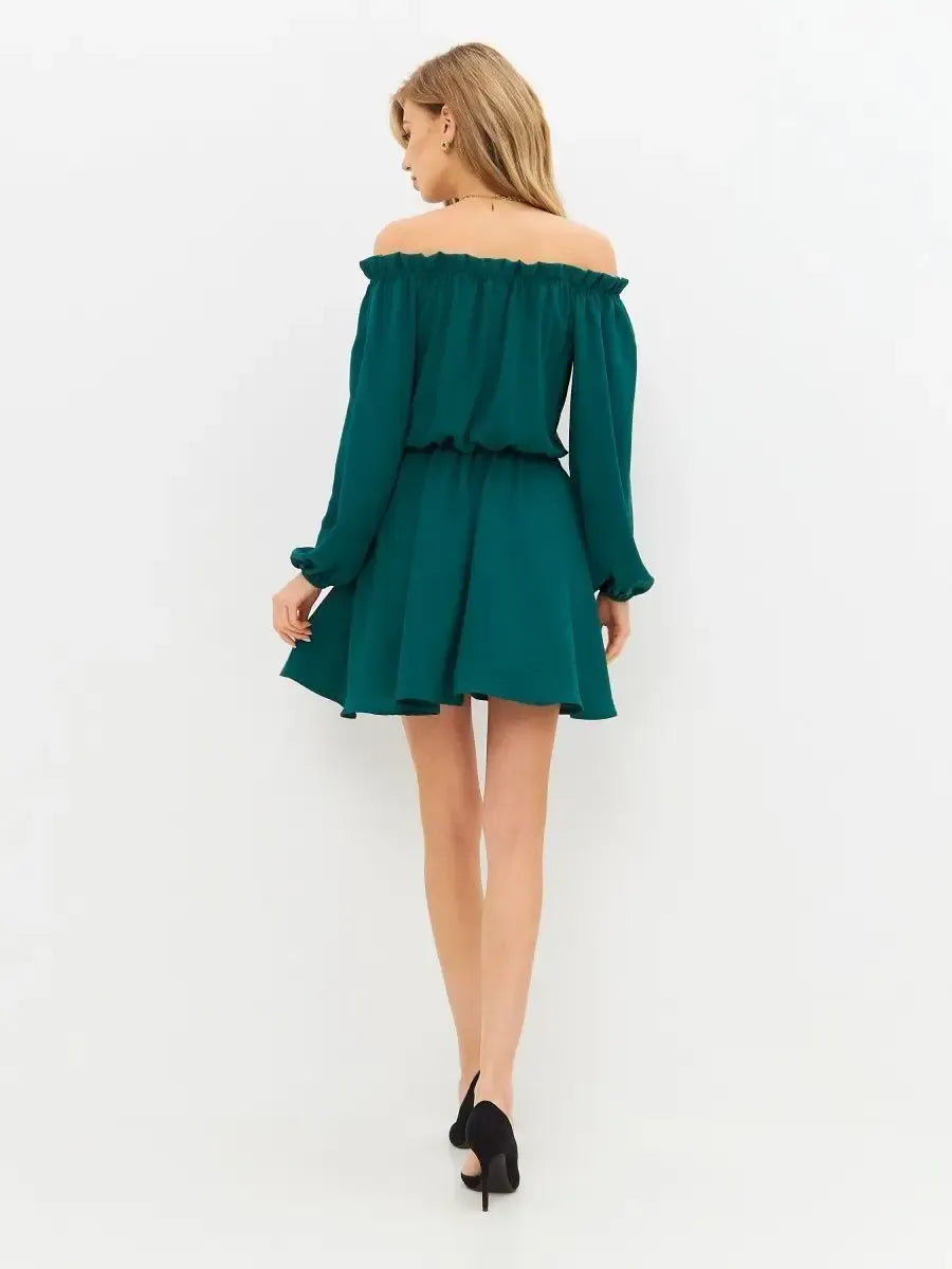Malachite Mini Dress by Lauven, featuring off-shoulder design and long sleeves, perfect blend of elegance and style.