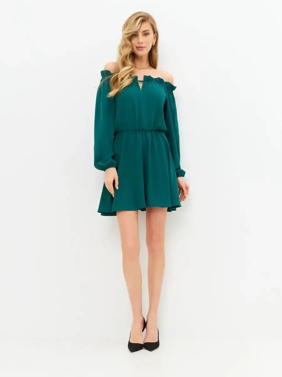 Malachite Mini Dress by Lauven - Elegant off-shoulder mini dress with long sleeves in green.