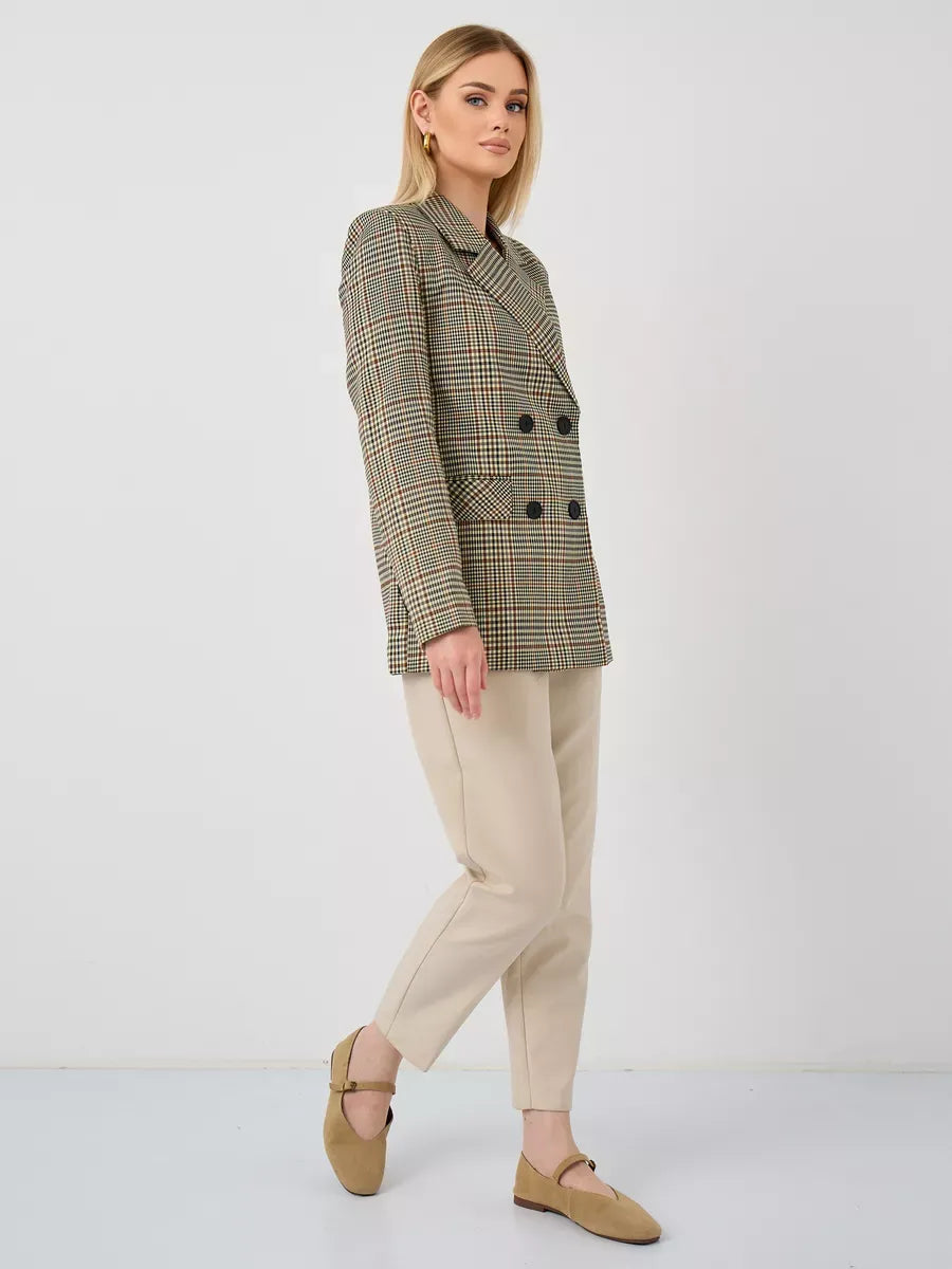 Maple Blazer by Lauven, oversized brown checked women's blazer styled with beige trousers.