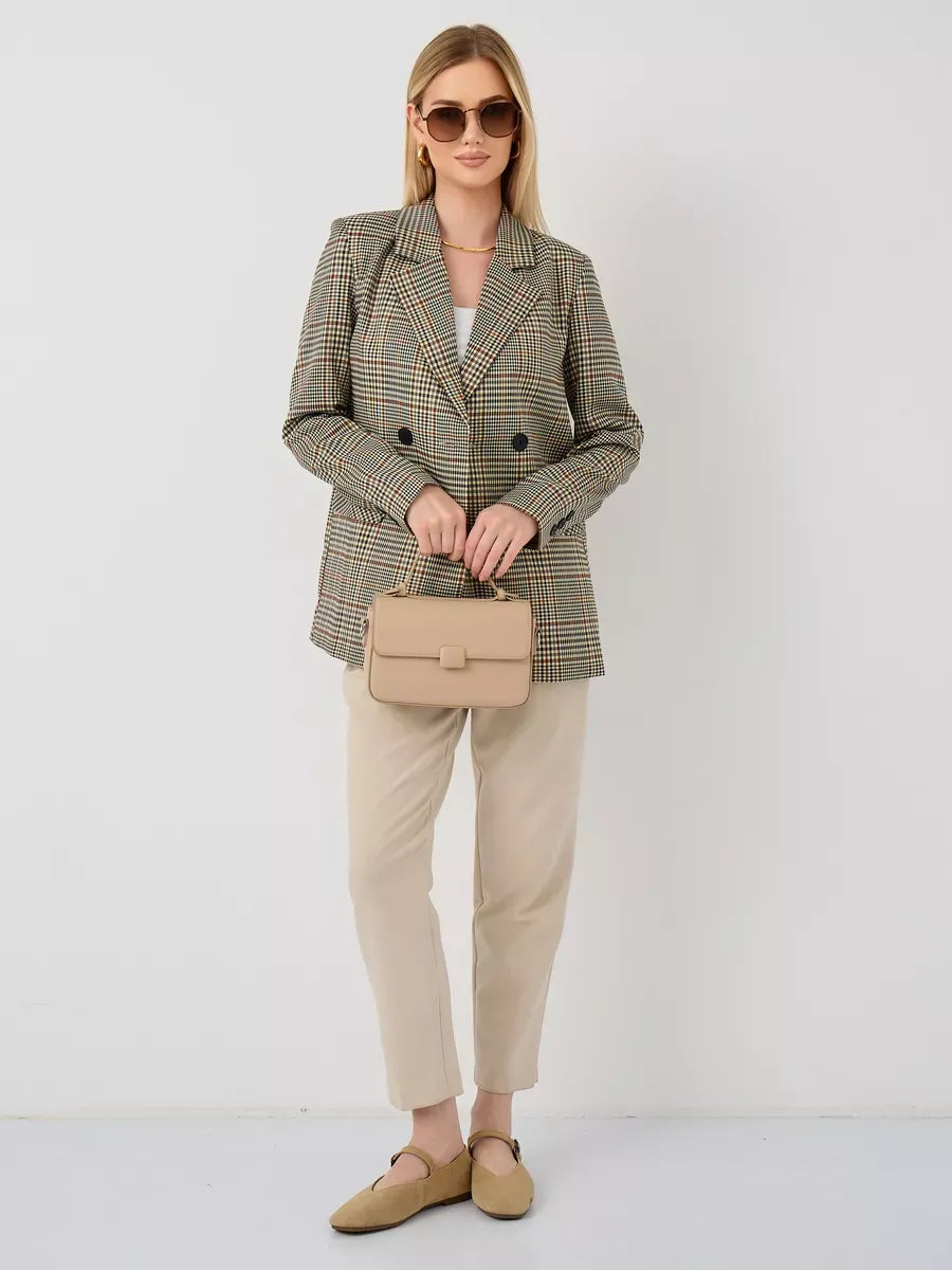 Maple Blazer by Lauven - Elegant oversized brown checked blazer for women, perfect for various occasions.