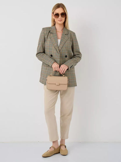 Maple Blazer by Lauven - Elegant oversized brown checked blazer for women, perfect for various occasions.