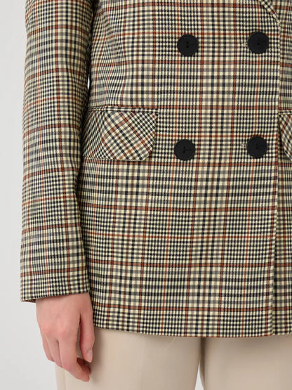 Close-up of the Maple Blazer by Lauven, showcasing a brown checked pattern with double-breasted buttons.