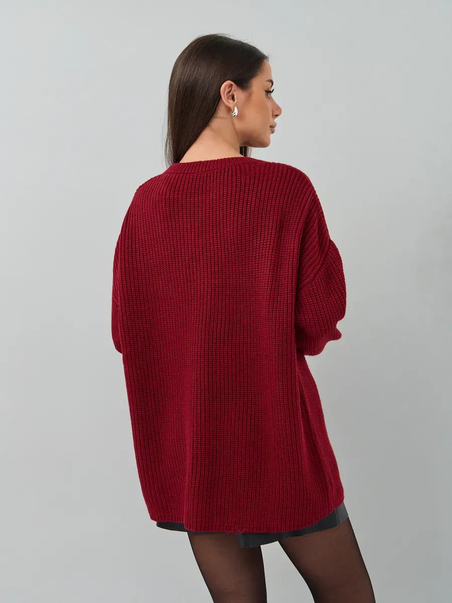 Maribel Sweater by Lauven, oversized burgundy knit pullover with crew neck, perfect for cozy winter looks.