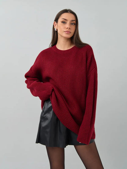 Maribel Sweater by Lauven, oversized burgundy knit with crew neck, perfect for chic winter looks.