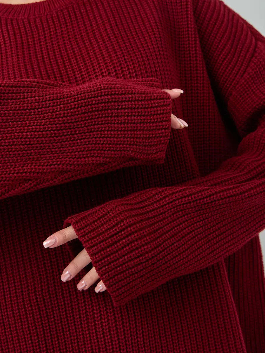 Maribel Sweater by Lauven - Oversized burgundy knit with ribbed texture and crew neck, perfect for cozy fashion.