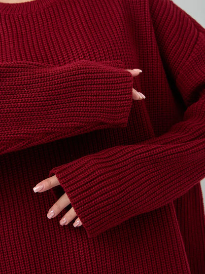 Maribel Sweater by Lauven - Oversized burgundy knit with ribbed texture and crew neck, perfect for cozy fashion.