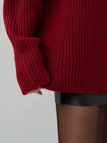 Maribel Sweater by Lauven - Oversized burgundy knit with chunky ribbed texture for stylish winter wear.