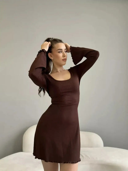 Mia Mini Dress by Lauven in cocoa ribbed knit, featuring scoop neckline and long sleeves, perfect for any occasion.