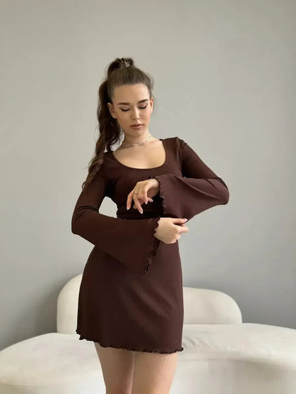 Mia Mini Dress by Lauven in cocoa ribbed knit, long sleeve, scoop neckline with tie-back, showcasing a stylish fit.