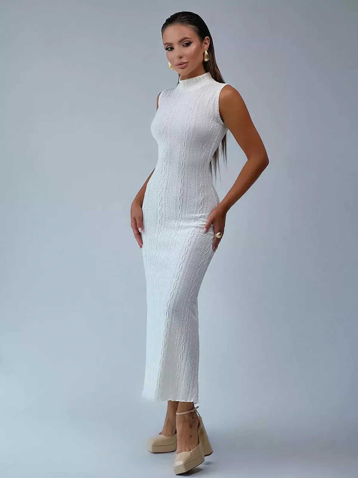 Mila Maxi Dress by Lauven - Sleeveless knit bodycon gown with a high stand collar in white.