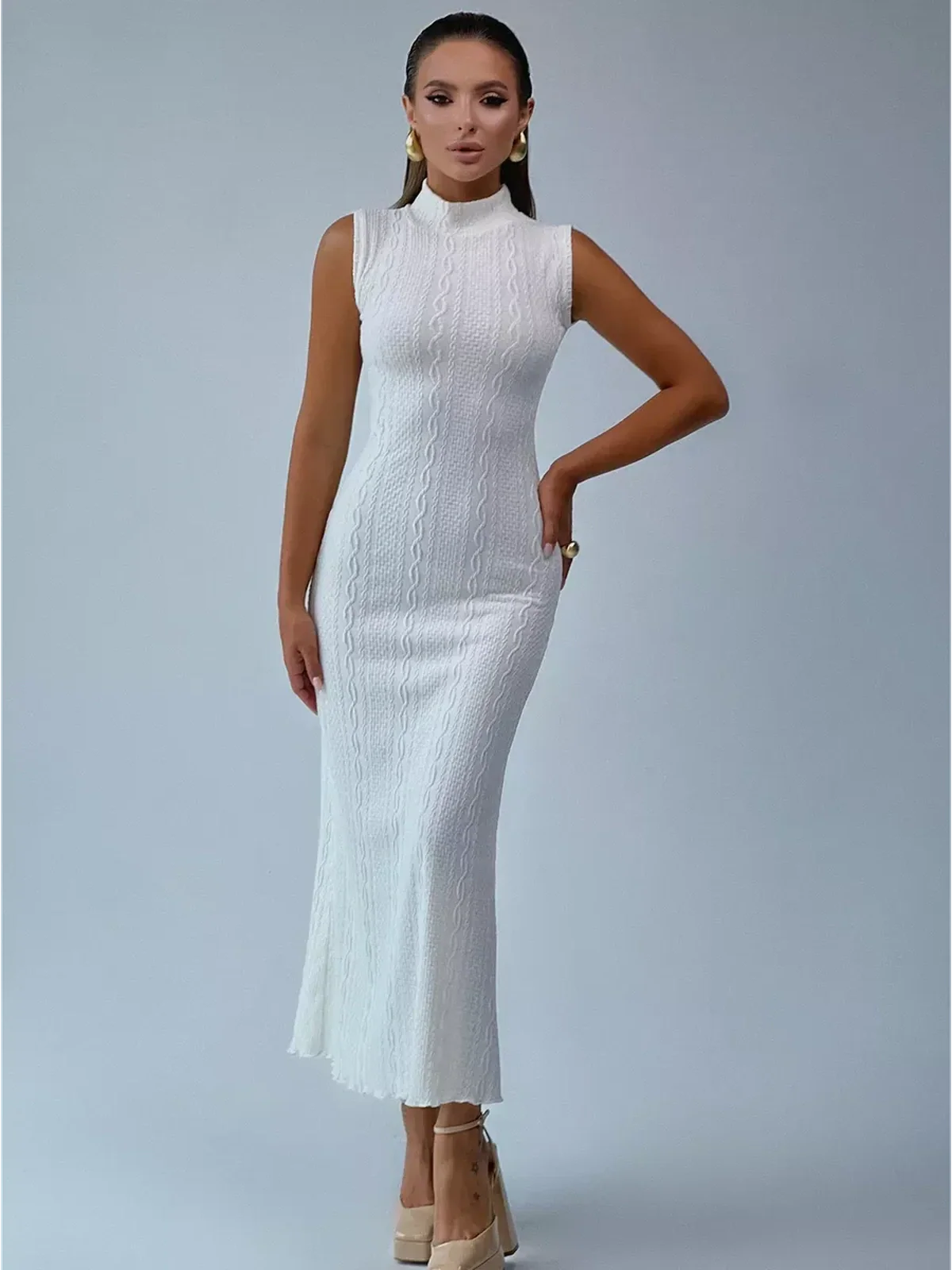 Mila Maxi Dress by Lauven - Sleeveless knit bodycon gown with high collar and textured jacquard.