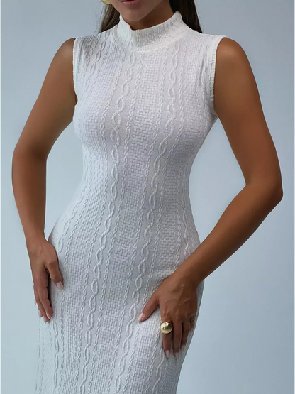 Mila Maxi Dress by Lauven - Sleeveless knit bodycon gown with a high stand collar and textured jacquard knit.