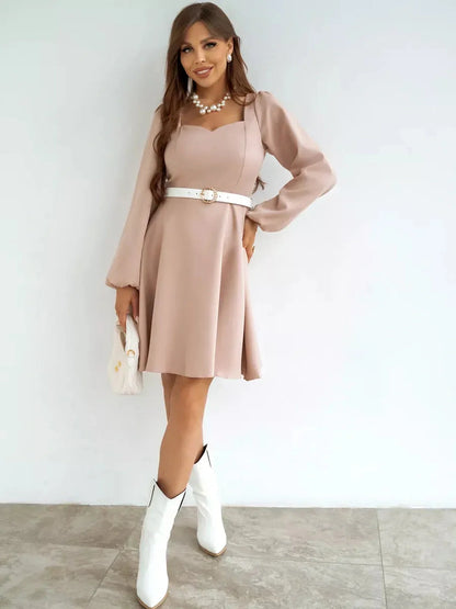 Milanese Mini Dress by Lauven, blush pink long sleeve A-line dress with fitted silhouette and square neckline.