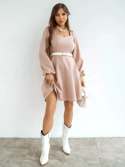 Milanese Mini Dress by Lauven, blush pink long sleeve A-line dress with a square neckline and gathered shoulders.