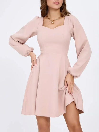 Milanese Mini Dress by Lauven – Blush pink long sleeve A-line dress with fitted silhouette and square neckline.