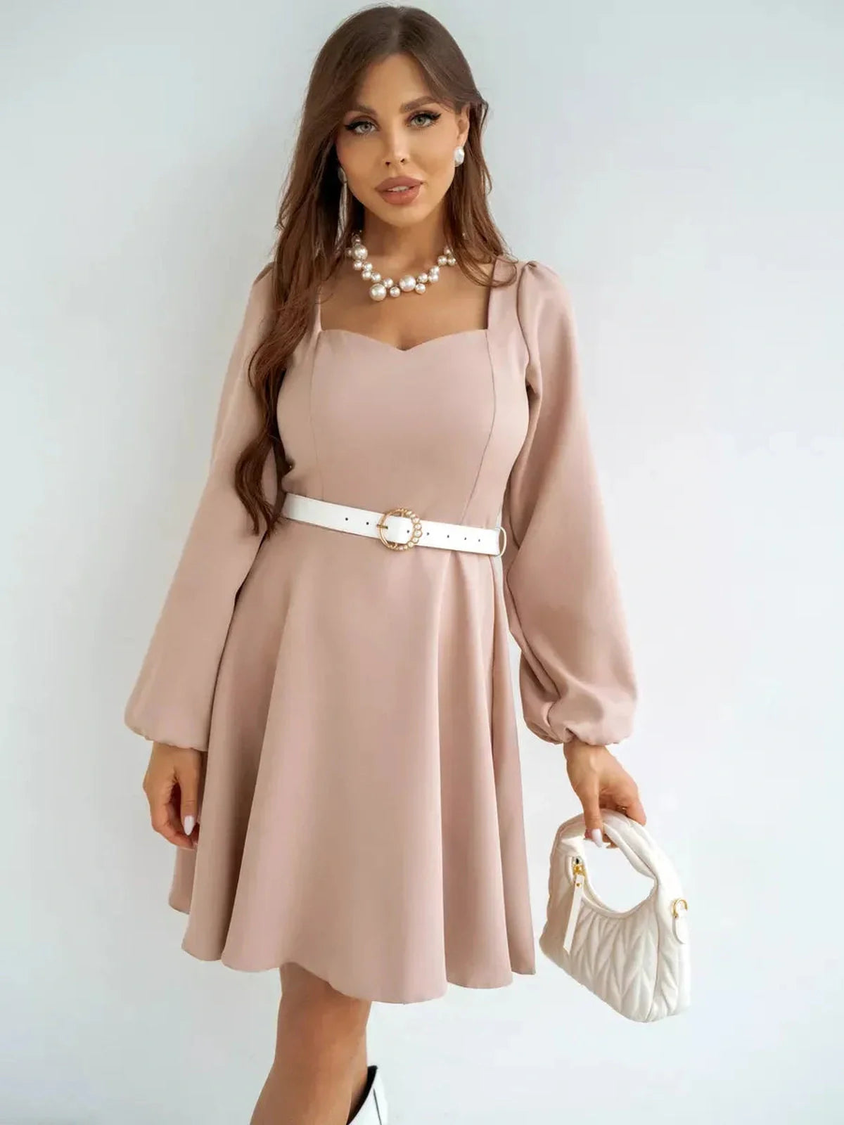 Milanese Mini Dress by Lauven - Blush pink long sleeve A-line dress with square neckline and gathered shoulders.