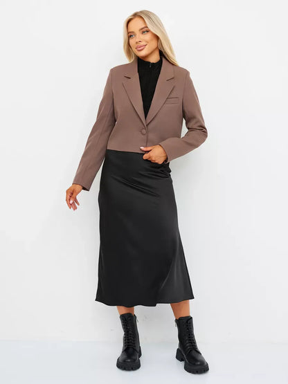 Mocha Blazer by Lauven, oversized cropped tailored blazer in rich brown, styled with a black skirt.