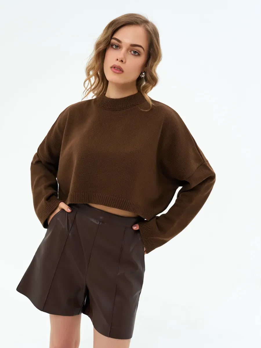 Mocha Sweater by Lauven, chic cropped oversized knit in rich brown perfect for contemporary fashion.
