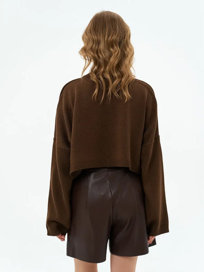 Mocha Sweater by Lauven, cropped oversized knit sweater in rich brown, showcasing a stylish back view.