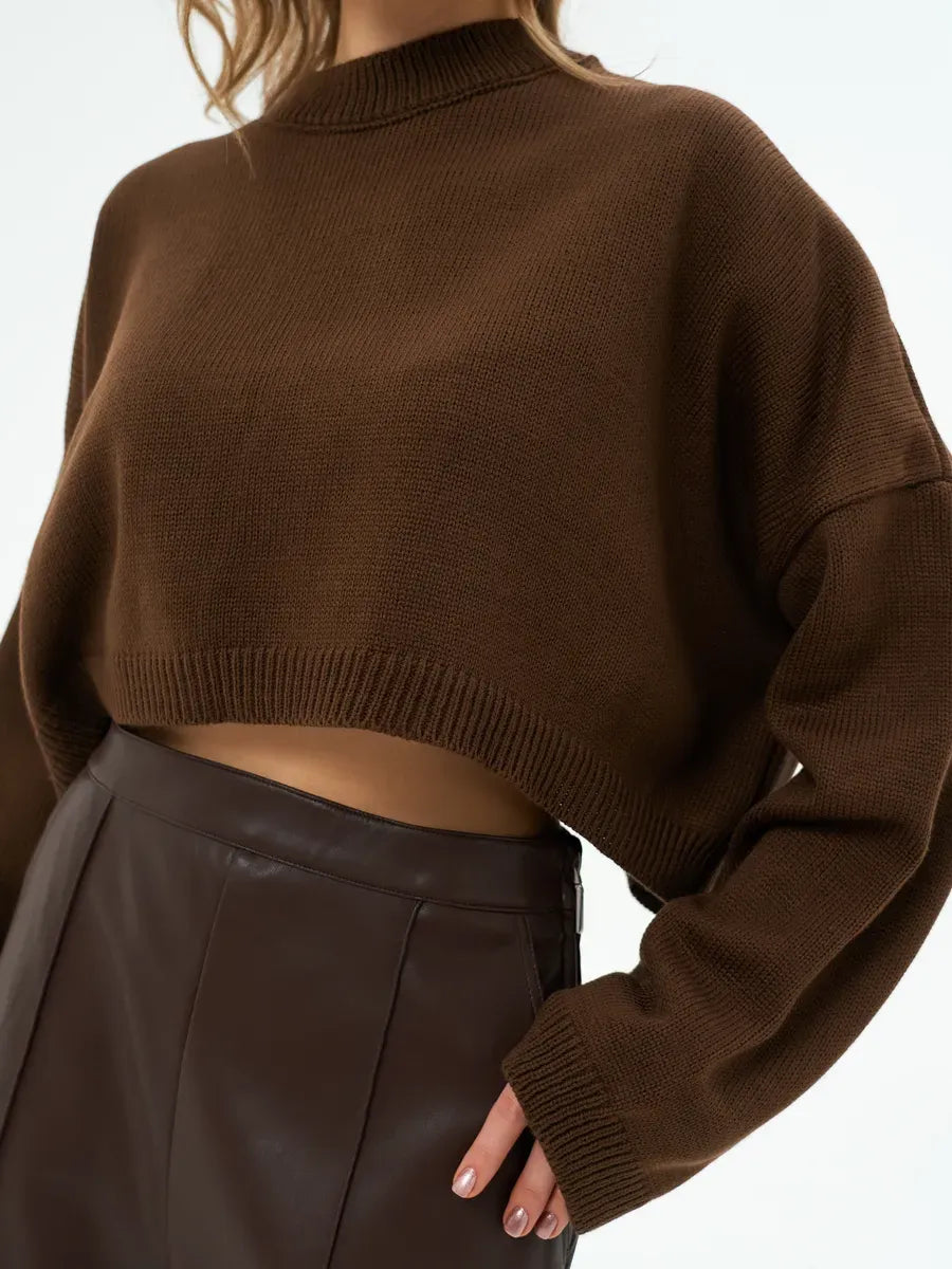 Mocha Sweater by Lauven - Cropped oversized knit in rich brown tone, combining style and comfort.