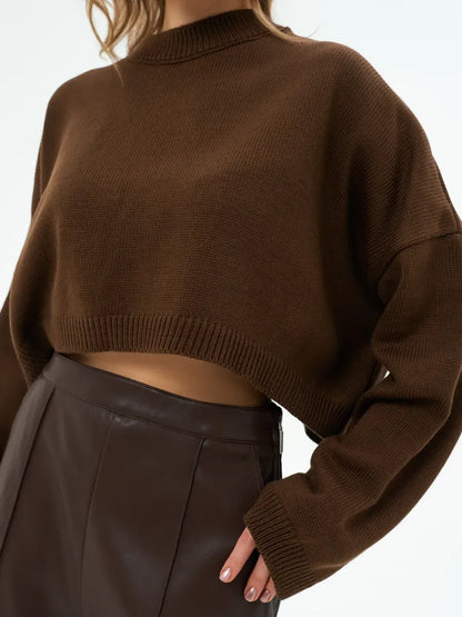 Mocha Sweater by Lauven - Cropped oversized knit in rich brown tone, combining style and comfort.