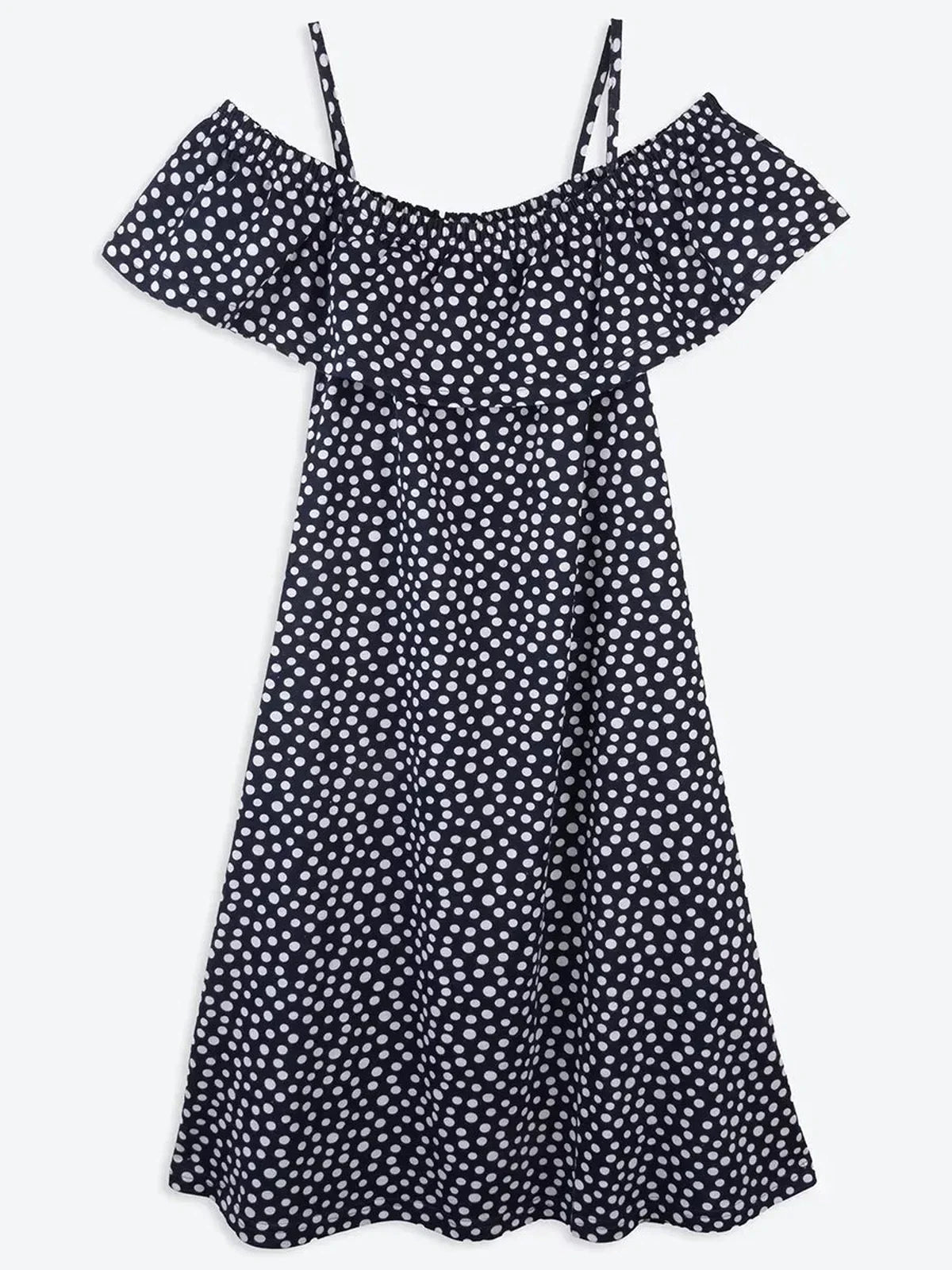 Lucy Mini Dress by Lauven in navy with white polka dots, off-shoulder ruffle, and A-line silhouette.