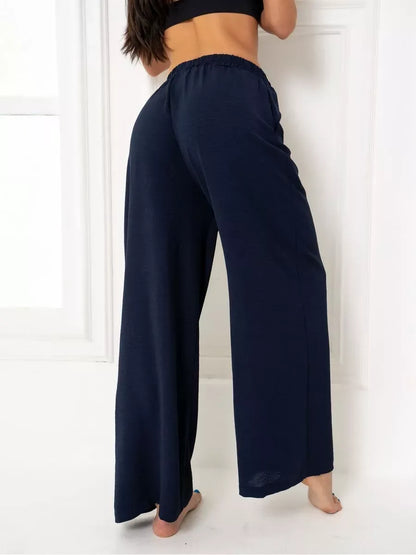 Navy Suit Set by Lauven featuring wide-leg trousers with a comfortable elastic waistband, crafted from premium fabric.