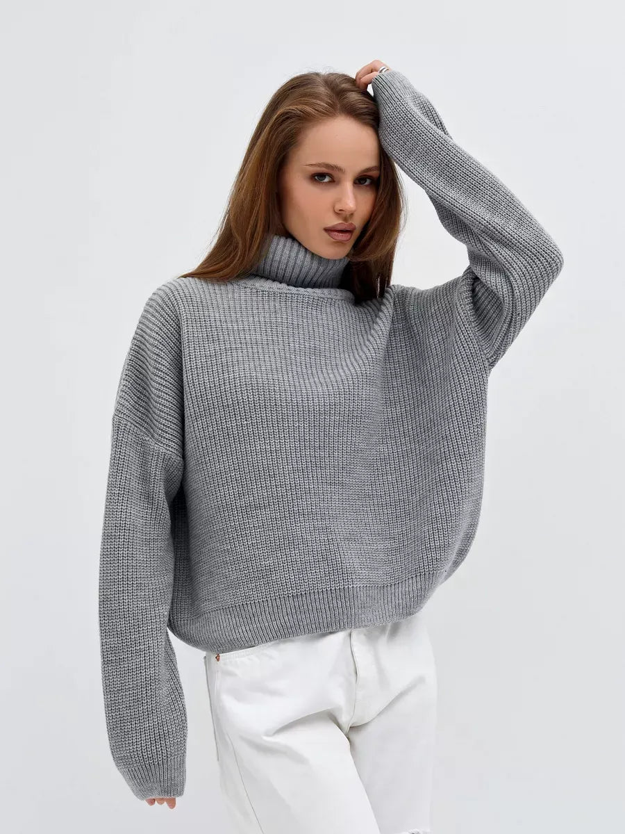 Nimbus Pullover by Lauven—Oversized light gray knit sweater with high neck for refined style and comfort.