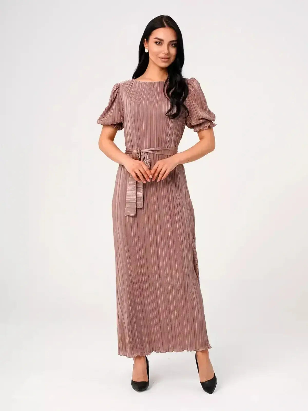 Noa Maxi Dress featuring elegant pleats, puff sleeves, and a lustrous drape in light cappuccino hue.