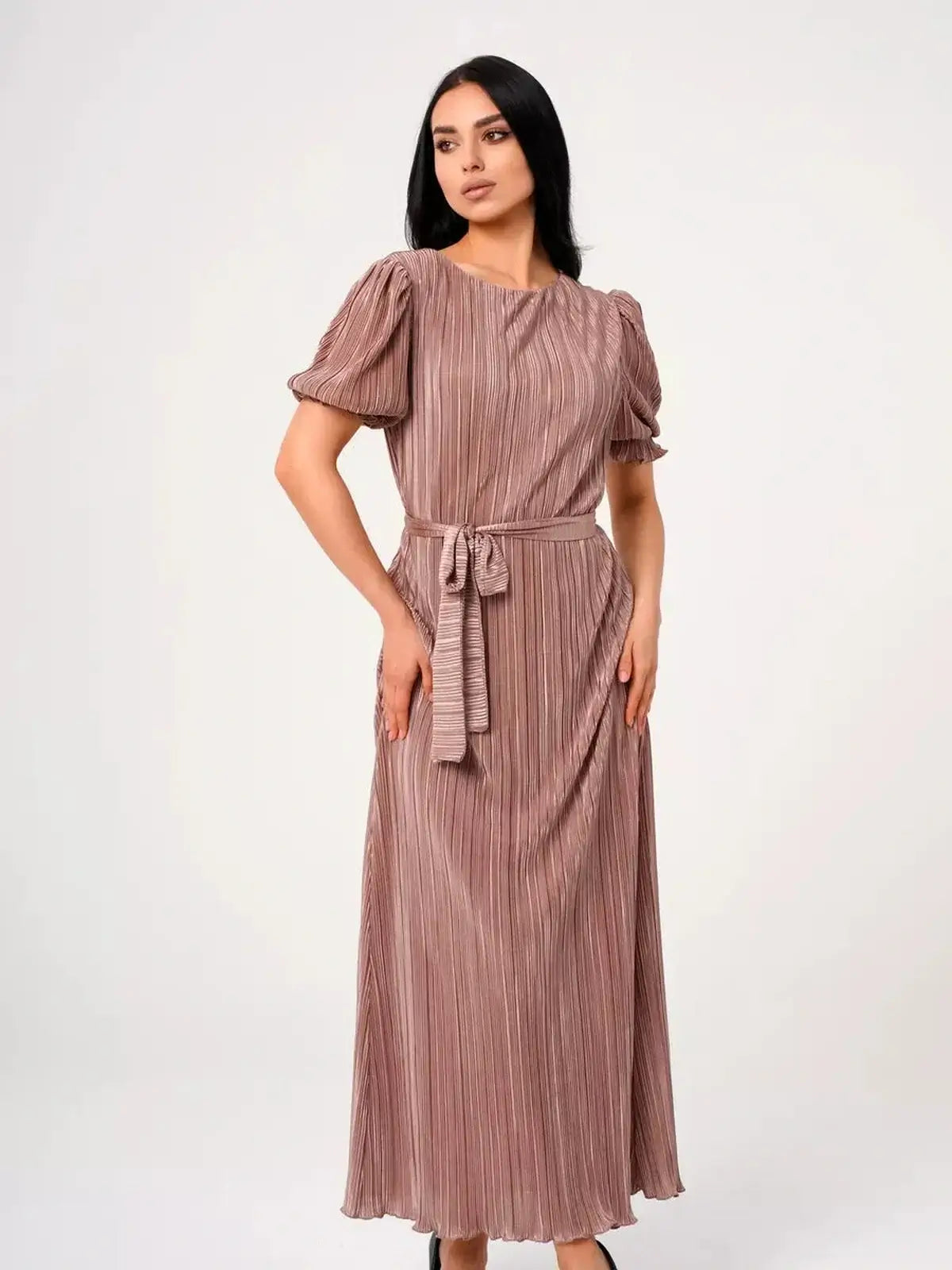 Noa Maxi Dress with elegant pleats and puff sleeves in light cappuccino hue, perfect for sophisticated occasions.