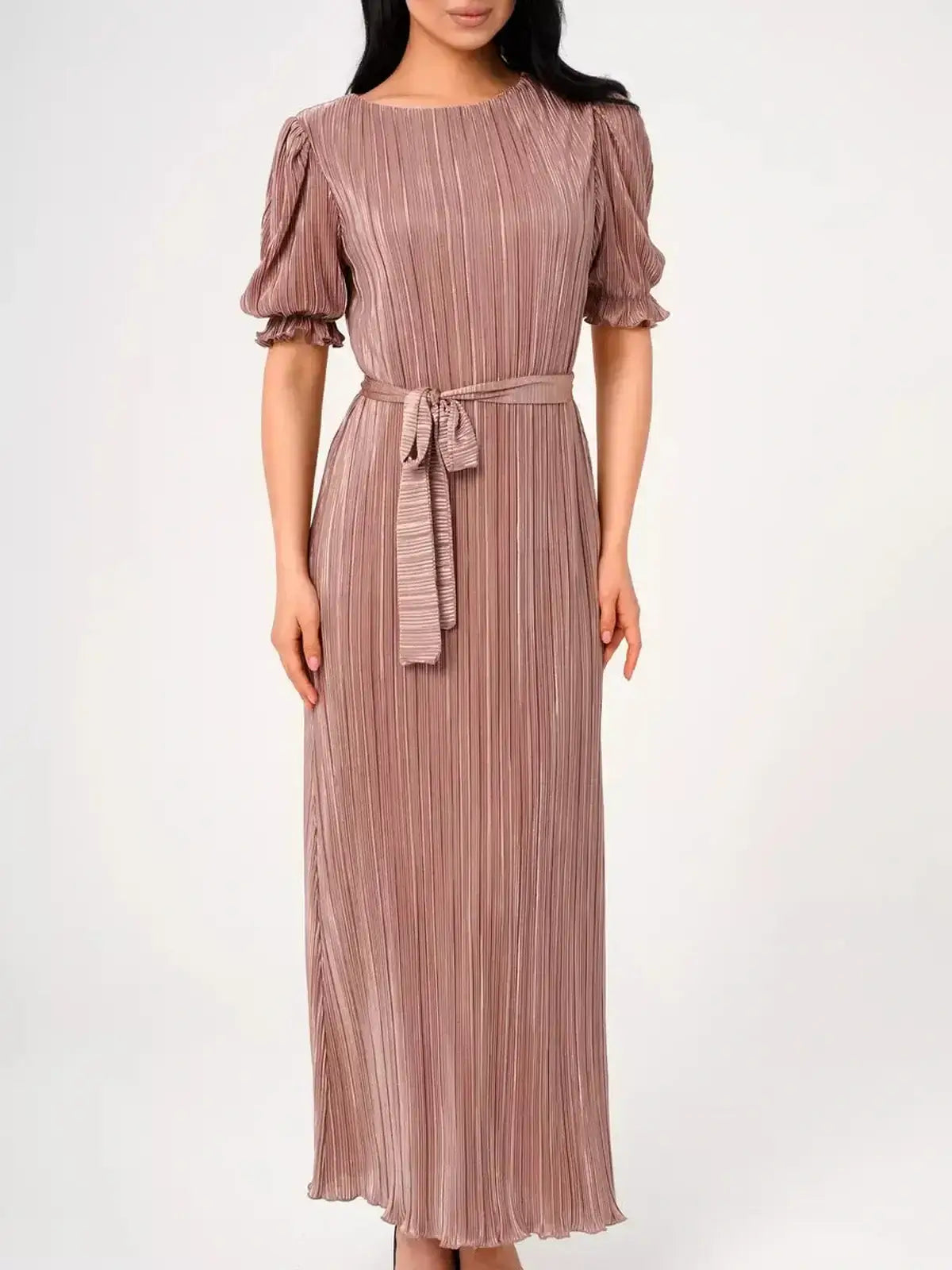 Elegant Noa Maxi Dress featuring pleats, puff sleeves, and a fluid drape in soft cappuccino hue.