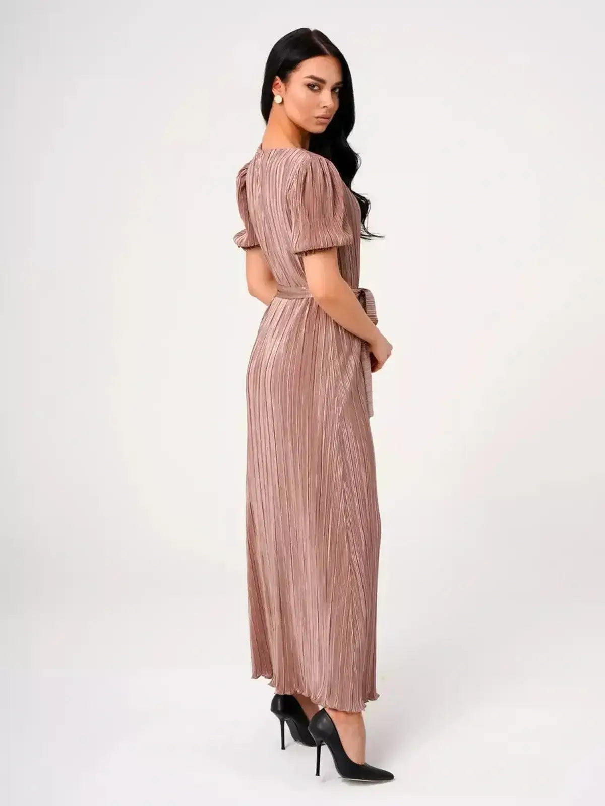 Noa Maxi Dress in cappuccino hue showcasing elegant pleats and puff sleeves, perfect for refined occasions.