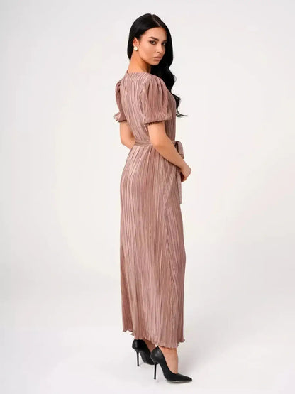 Noa Maxi Dress in cappuccino hue showcasing elegant pleats and puff sleeves, perfect for refined occasions.