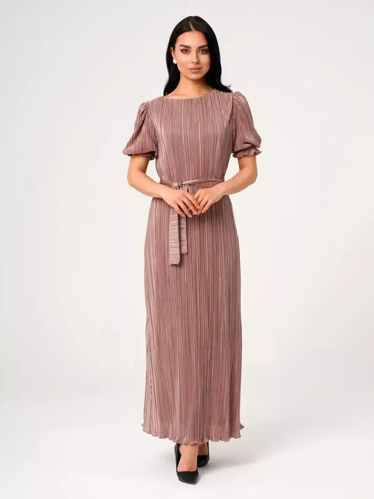 Noa Maxi Dress featuring elegant pleats, puff sleeves, and a soft cappuccino hue for refined occasions.
