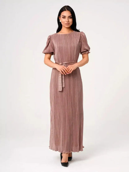 Noa Maxi Dress featuring elegant pleats, puff sleeves, and a soft cappuccino hue for refined occasions.