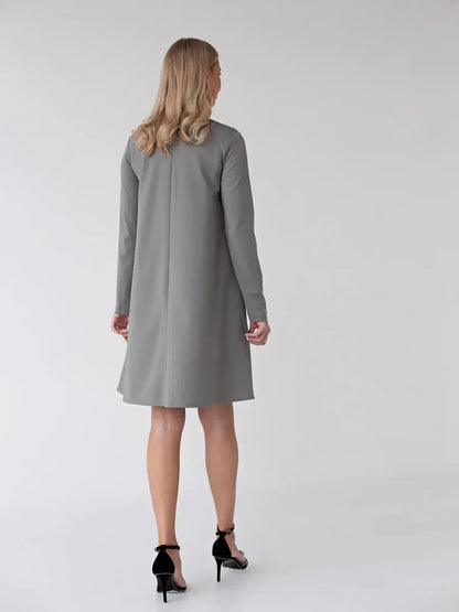 Noelle Mini Dress by Lauven in gray, showcasing the back view with long sleeves and a stand collar.