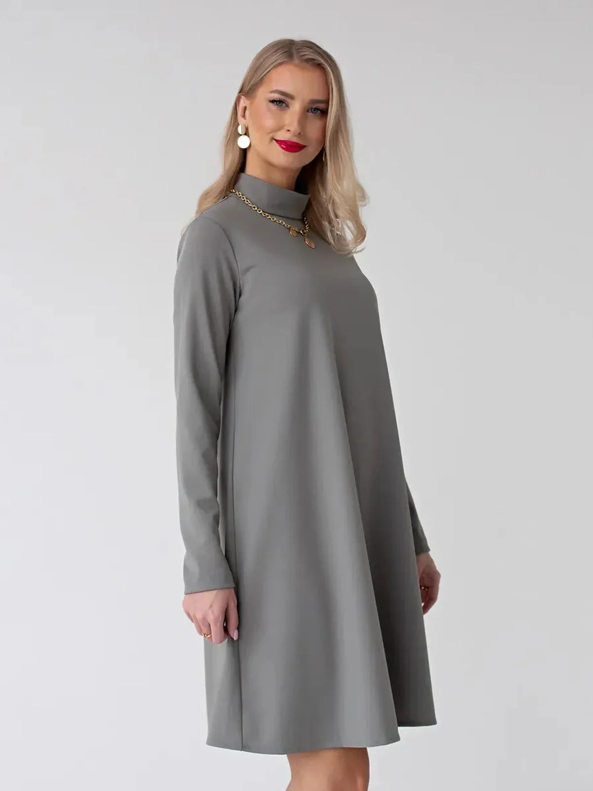 Noelle Mini Dress by Lauven in gray A-line style with long sleeves and stand collar.
