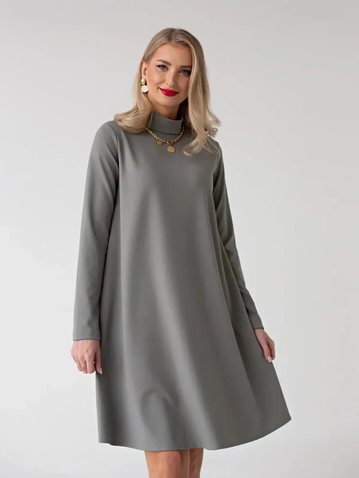 Lauven Noelle Mini Dress - Gray A-Line Long Sleeve with Stand Collar and Back Zip, perfect for versatile day-to-night wear.