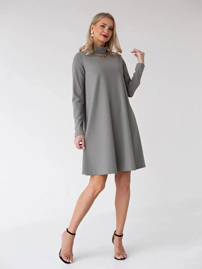 Noelle Mini Dress by Lauven in gray A-line long sleeve design, featuring a stand collar and back zip for refined elegance.