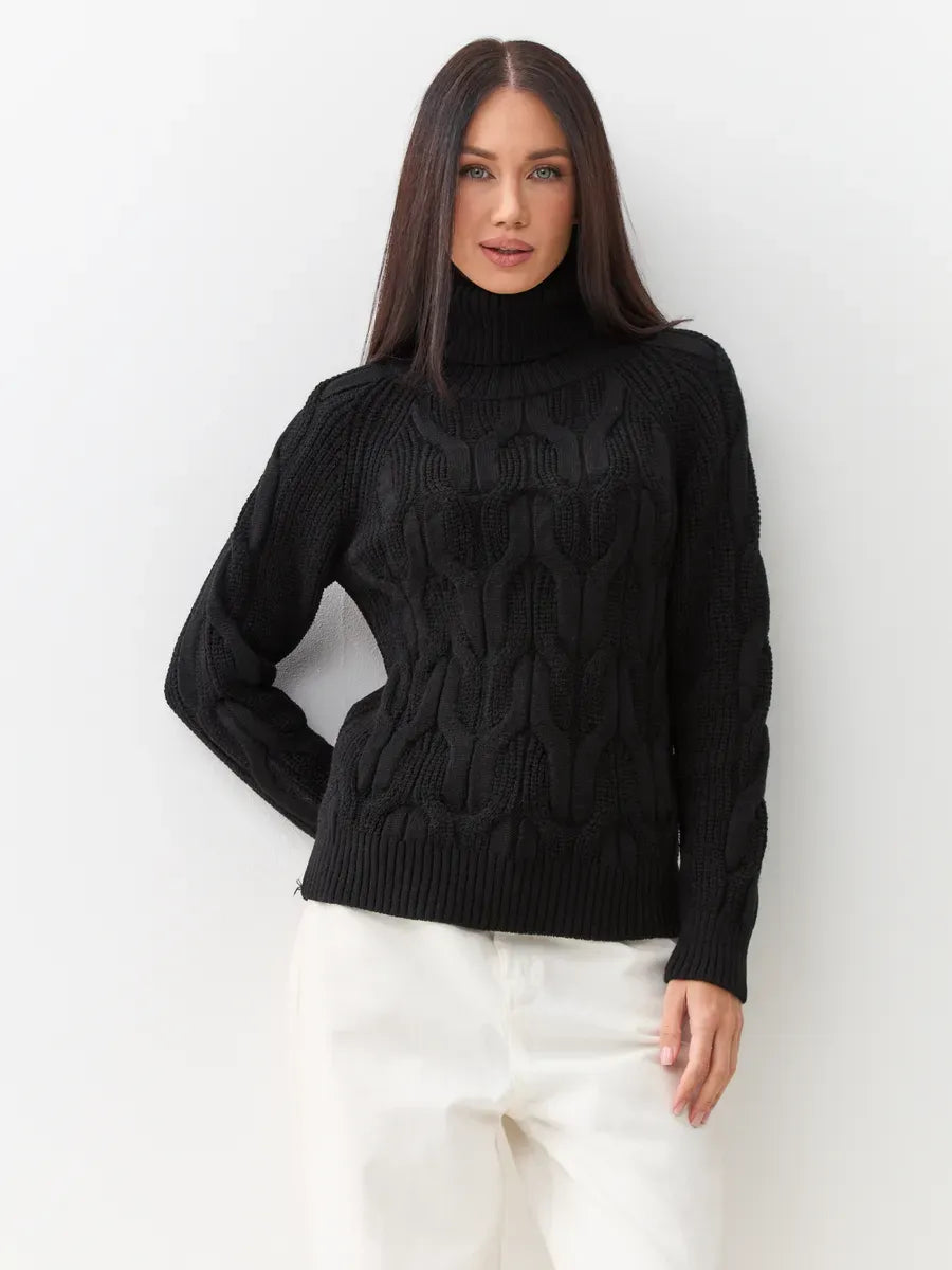 Noir Knitwear by Lauven - Women’s wool-blend turtleneck sweater featuring a chunky cable-knit design in black.
