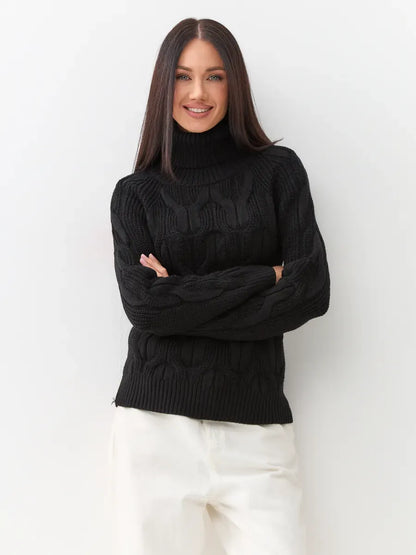 Noir Knitwear by Lauven, women’s luxurious wool-blend turtleneck sweater in black with chunky cable-knit design.
