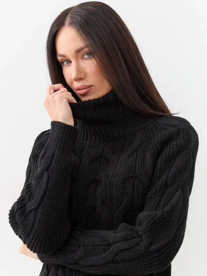 Noir Knitwear by Lauven, women's wool-blend chunky cable-knit turtleneck sweater in black, offering warmth and style.