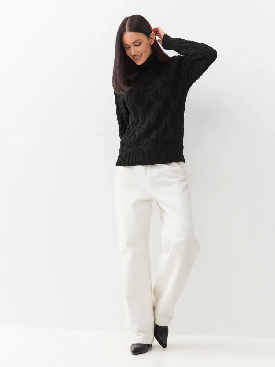 Noir Knitwear by Lauven: Women's wool-blend turtleneck sweater in black, featuring a cable-knit design.